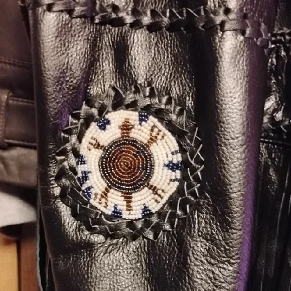 Women's M Black Tribal Leather Fringe Jacket w/ Beaded Straps & Turtles - Picture 4 of 6